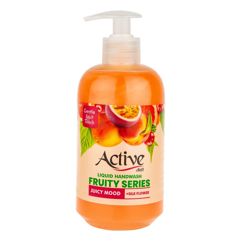 مایع دستشویی نارنجی صدفی اکتیو مدل Fruity series با رایحه پشن فروت حجم 450 میلی لیتر