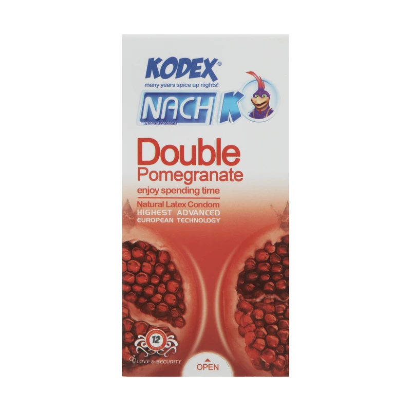 کاندوم لاتکس طبیعی ناچ کدکس مدل Double Pomegranate با عصاره انار، خاصیت تنگ کنندگی، مواد روان کننده، اسانس تحریک کننده با رایحه مطبوع، دارای مخزن ذخیره، بسته 12 عددی